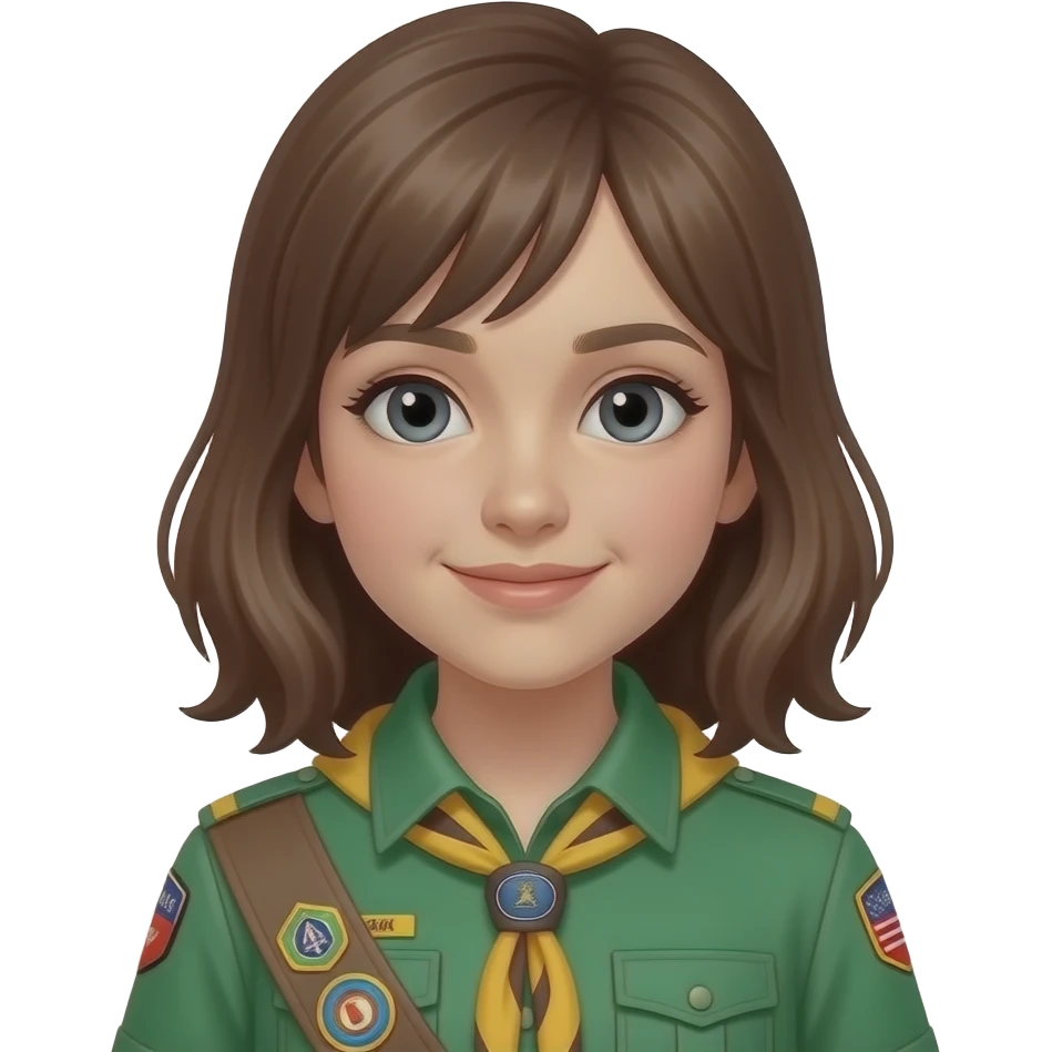 make a girl with brow mi long hear  grey eyes big 13 jear in the seond in a scout suit emoji