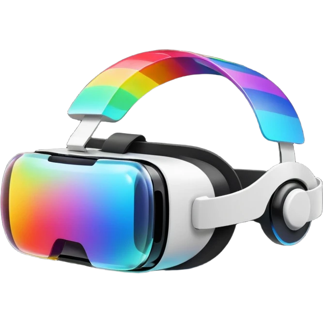 Show a VR headset or AR glasses, symbolizing the immersive hair experience. Include virtual objects or a 3D scene floating in the air in front of rainbow Make the background transparent. emoji
