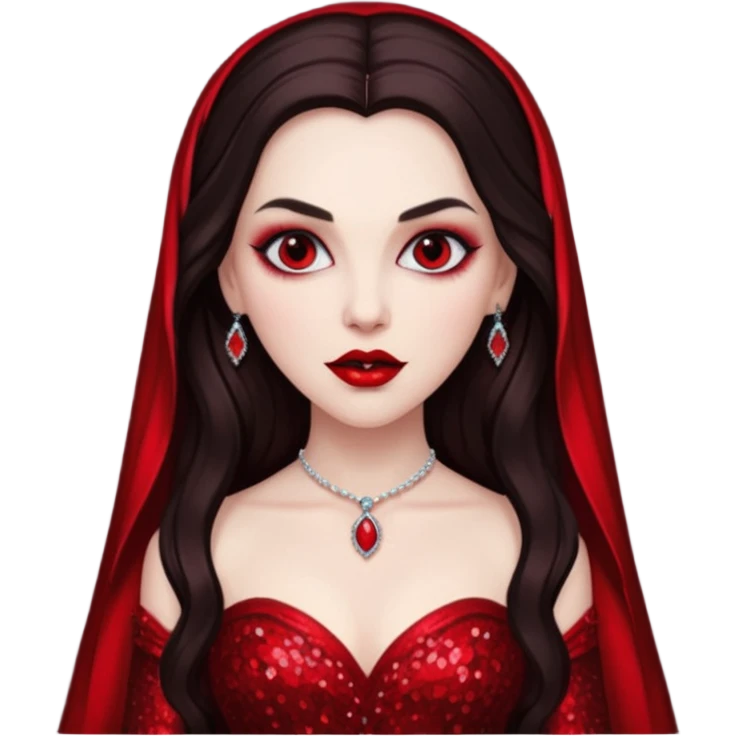 Bride of Dracula with long dark brown hair, red sequin outfit emoji