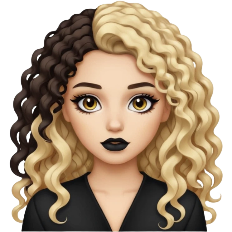 Split dye brunette and blonde, baddie, pretty makeup, black eyeliner, long and curly hair emoji
