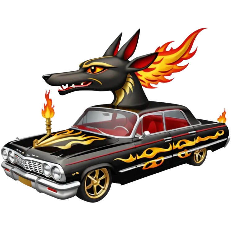 Satans Hot rod custom 1964 impala low rider four door Anubis theme painted hood flaming side-pipes emoji