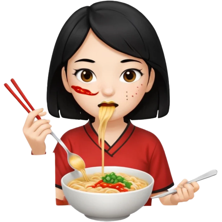 girl with black hair in short sleeves eating noodles with a spoon and chopsticks emoji