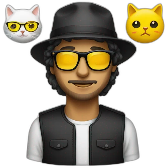 hombre blanco con gafas y gorra con dos gatos negro y amarillo emoji