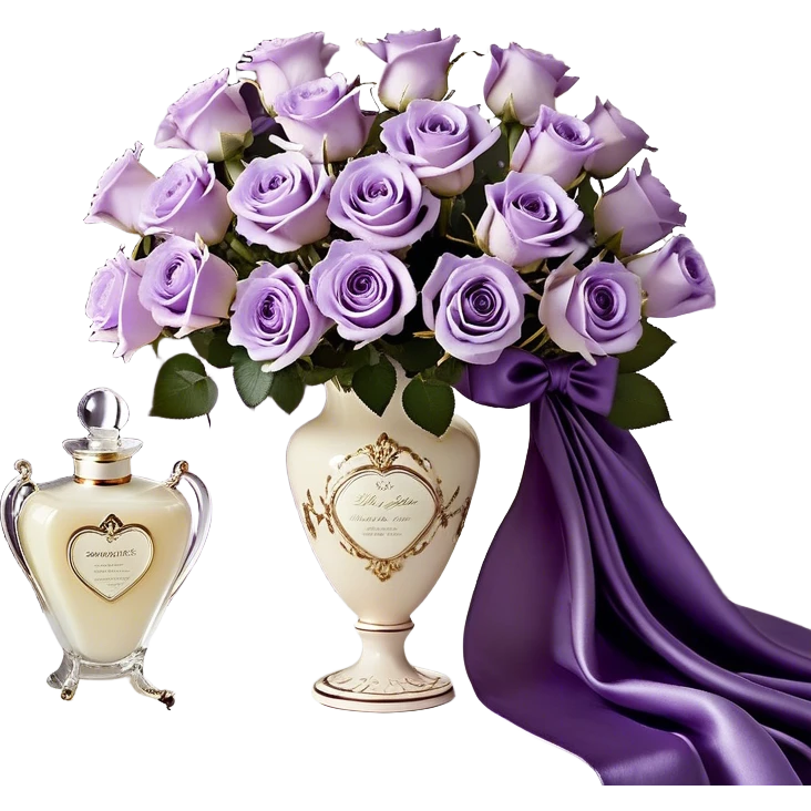 A luxurious bouquet of delicate light violet Ascott tea roses, carefully arranged in an elegant ivory porcelain vase, placed next to a deep purple satin fabric that drapes gracefully. A stunning lavender butterfly with intricate wing patterns rests gently on one of the roses. An exquisite ivory silk ribbon cascades across the scene, intertwining with a vintage-style perfume flacon in a pearlescent hue, adorned with an ornate golden atomizer, evoking timeless elegance emoji