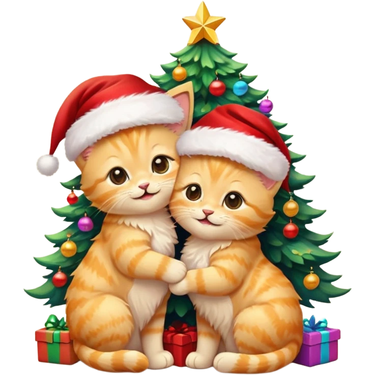 2 cute hugging smiling golden fluffy kittens with Santa hats by a colorful multicolored brightly lit up Christmas tree emoji