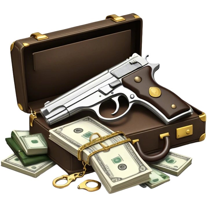 Icon for Action & Crime Reading: an open book with a silhouette of a gun, a bag of money, and a police badge on the pages. Surrounding elements include a pair of handcuffs, a briefcase, and scattered bullet casings. Transparent background. emoji