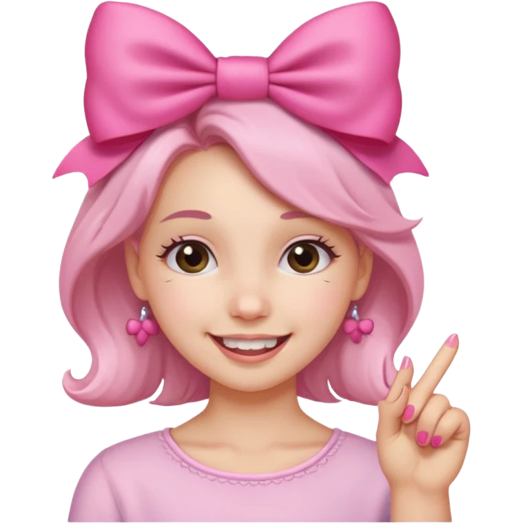 Chica sonriendo con un lazo rosa en la cabeza y mordiendose la punta del dedo indice con delicadeza y la otra mano que no salga emoji