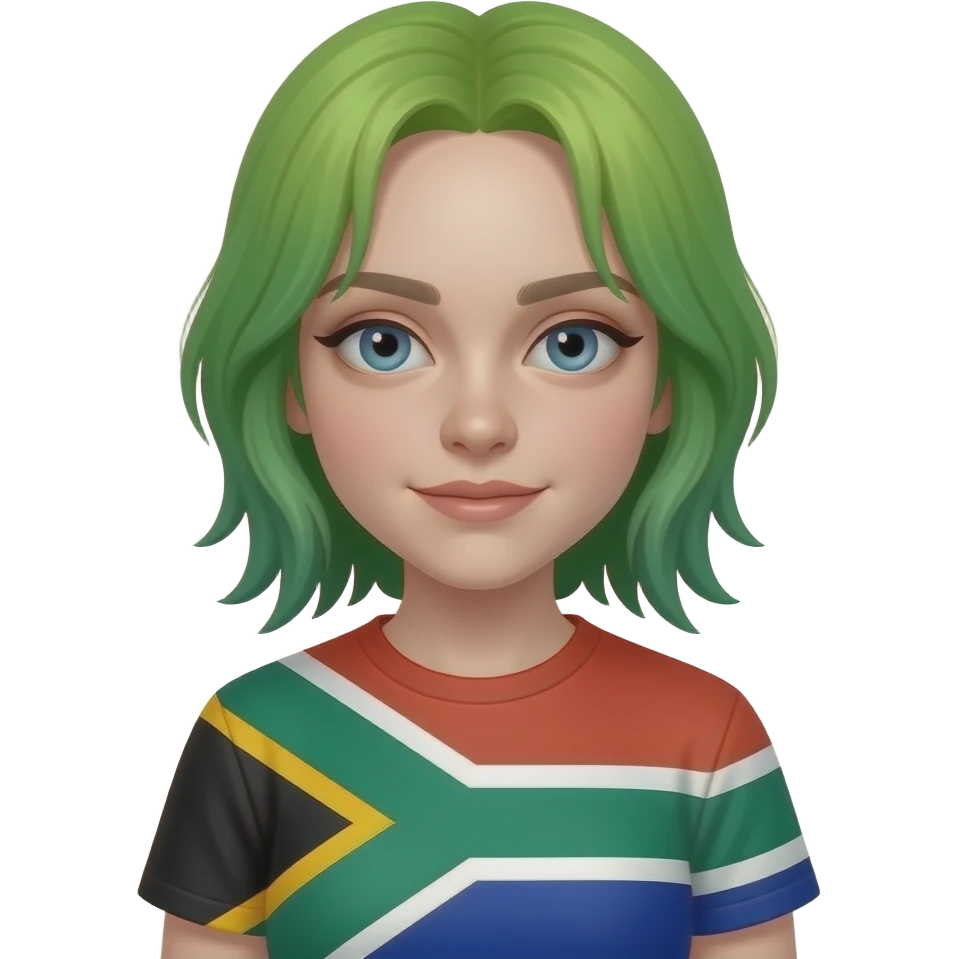 Billie Eilish with her green hair and lazy eyes wearing a south African flag shirt emoji