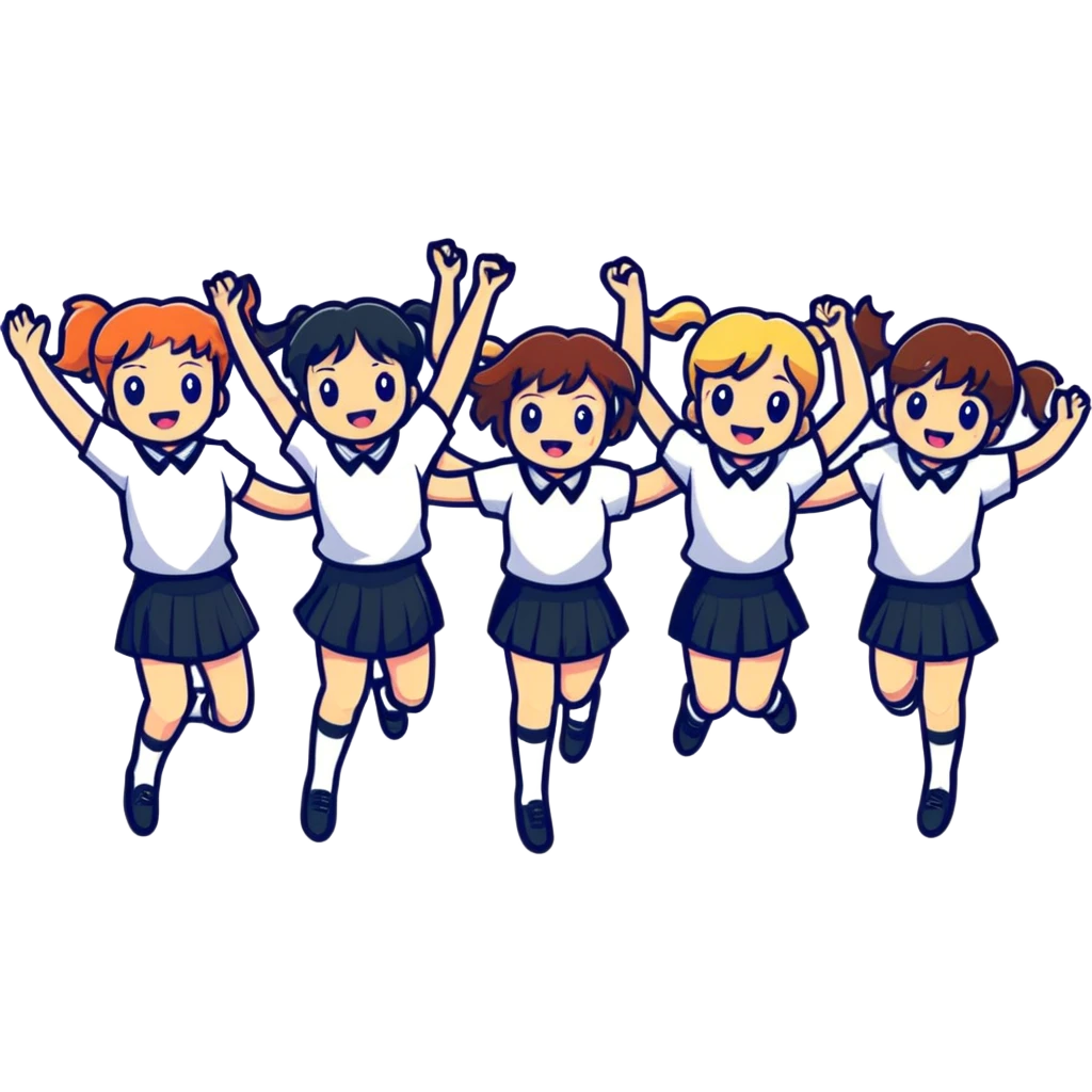 six girls in school uniforms jumping together emoji