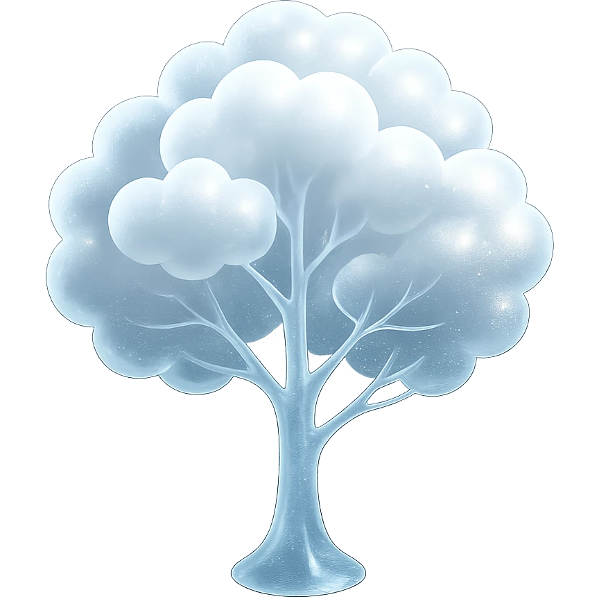 one tree with many branches and a white trunk, crown made of small very bright white fluffy convex clouds, matte glass style emoji