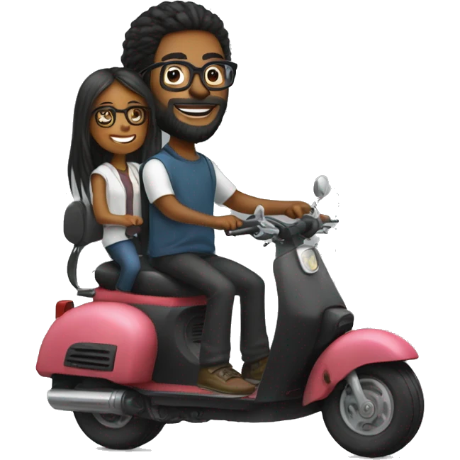 Boy with long hair, beard, and glasses, riding a black scooter with a girl wearing glasses on the back emoji