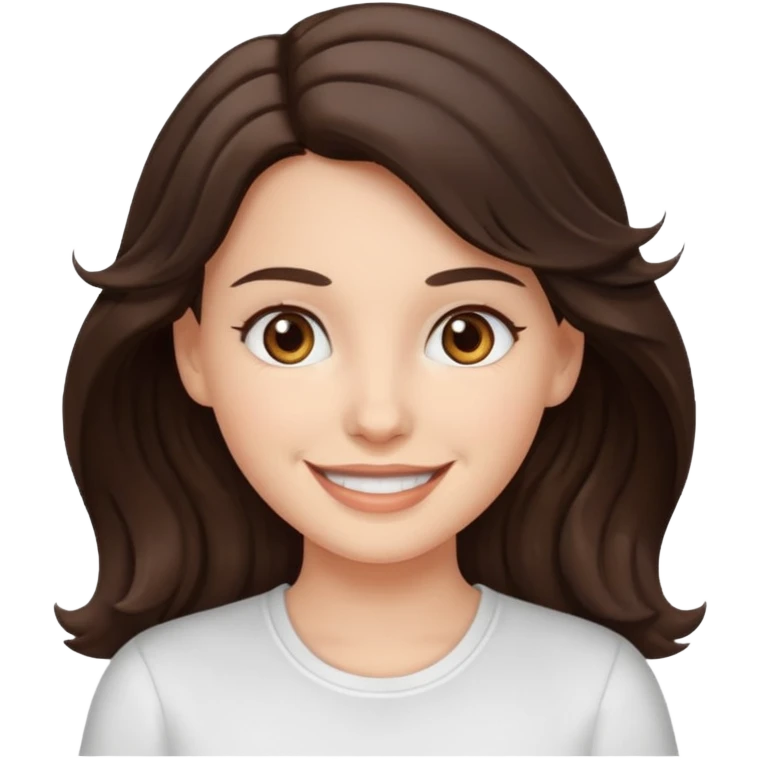 A White girl with wavy and dark hair, light brown eyes and a white shirt smiling emoji