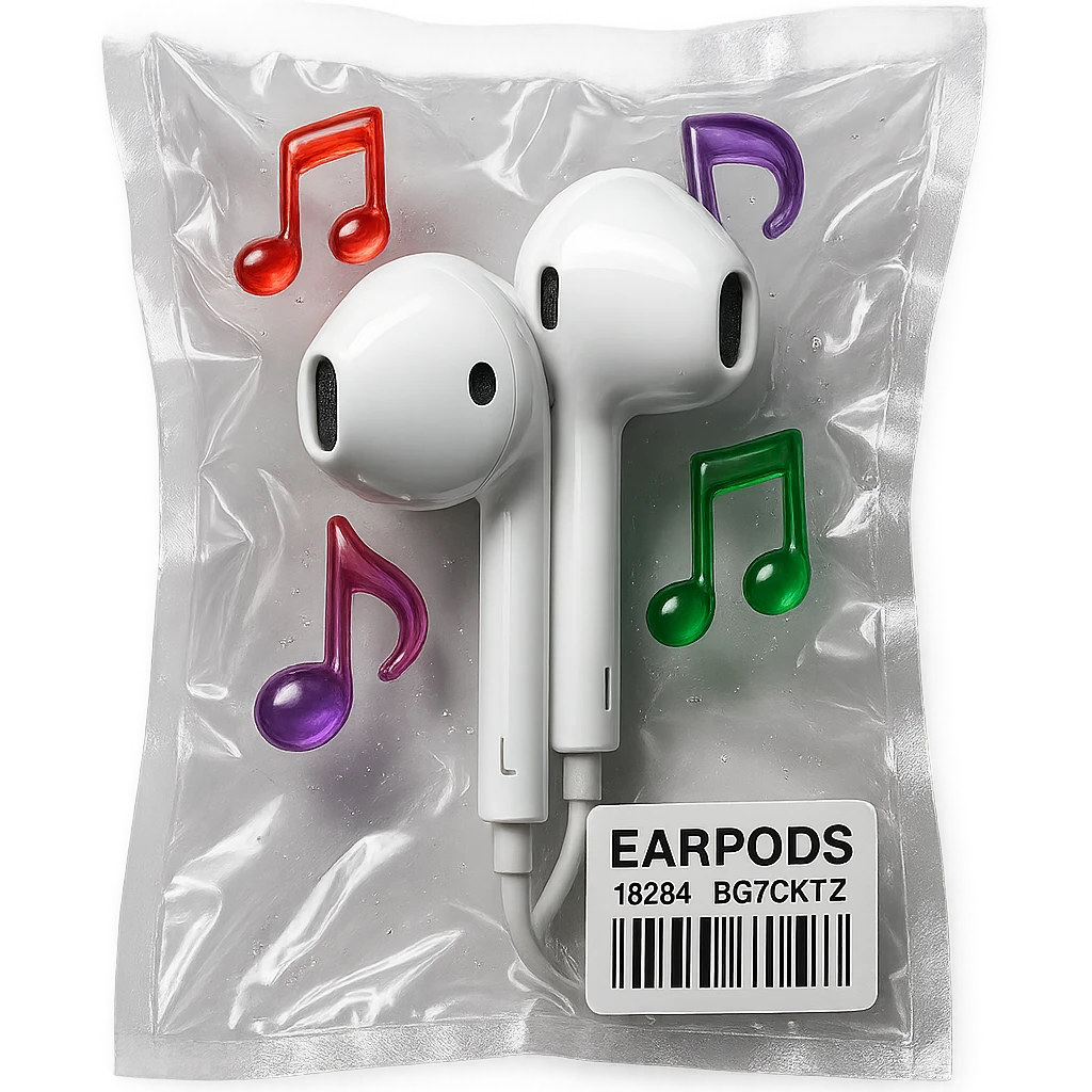 pair of white EarPods with three small glassy music notes in red, green, and purple floating around, glossy and inflated emoji