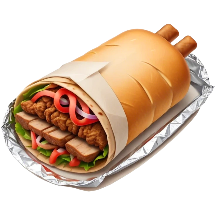 Doner Kebab Cinematic Realistic Doner Kebab Dish Emoji, depicted as iconic, spiced meat wrapped in foil and paper, rendered with lifelike textures and dynamic, appetizing lighting. emoji