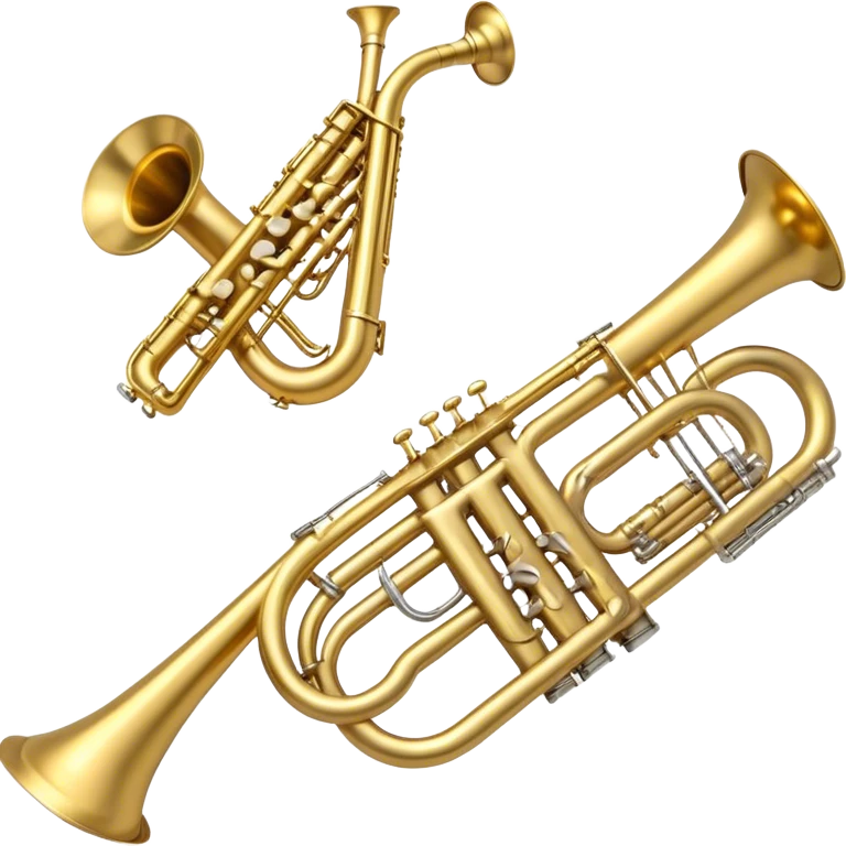 Create a simple and symbolic emoji collage representing wind instruments. Include a variety of iconic elements like the bell of a trumpet, the mouthpiece of a saxophone, and a subtle outline of a trombone. Arrange the elements in a dynamic and balanced way. Use warm metallic tones like gold, brass, and silver for the instruments, with a clean and minimalist design. The background should be transparent, focusing on the shapes and silhouettes of the instruments to convey their essence without excessive detail. emoji
