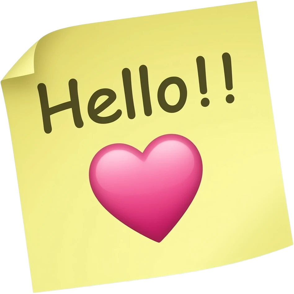 Sticky note that says "Hello!!" with a heart emoji