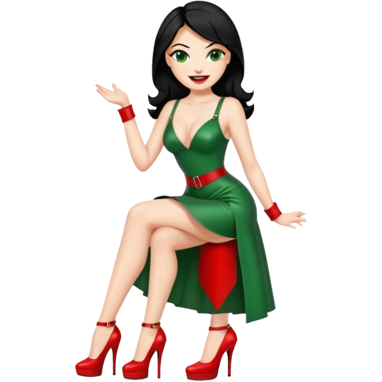 🕵🏻‍♀️💦🧥 black hair , green eyes , red high heels , dominatrix dress , 😂 emoji