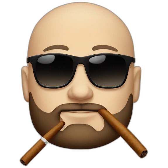 Andrew Tate, bald, small beard and sunglasses, smoking a tobacco cigar, Andrew Tate's appearance is serious emoji