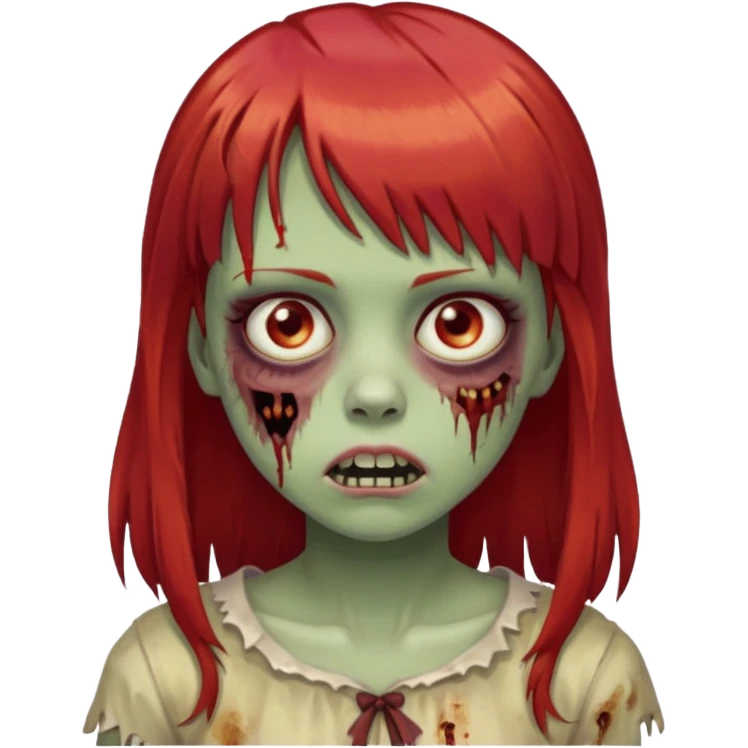 Uma menina de franja cheia, cabelos vermelhos e olhos de mel zumbi emoji