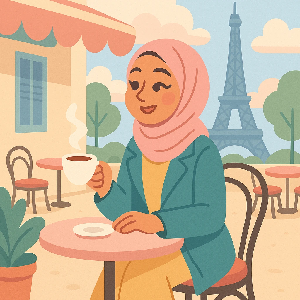 A hijabi woman enjoying coffee at a Parisian café terrace, with the Eiffel Tower in the background, chic and fashionable, soft pastel colors. emoji