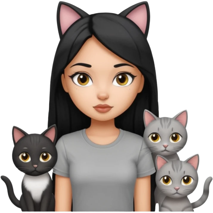 a pretty bratz dusky girl with long straight hair with four cats nd wearing a grey tshirt emoji