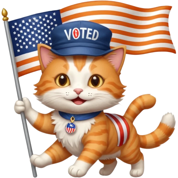happy cat running for president with an "i voted" sticker and an american flag hat emoji