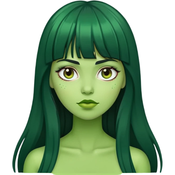 zumbie mulher verde com cabelo preto longo com franja acima da sobrancelha emoji