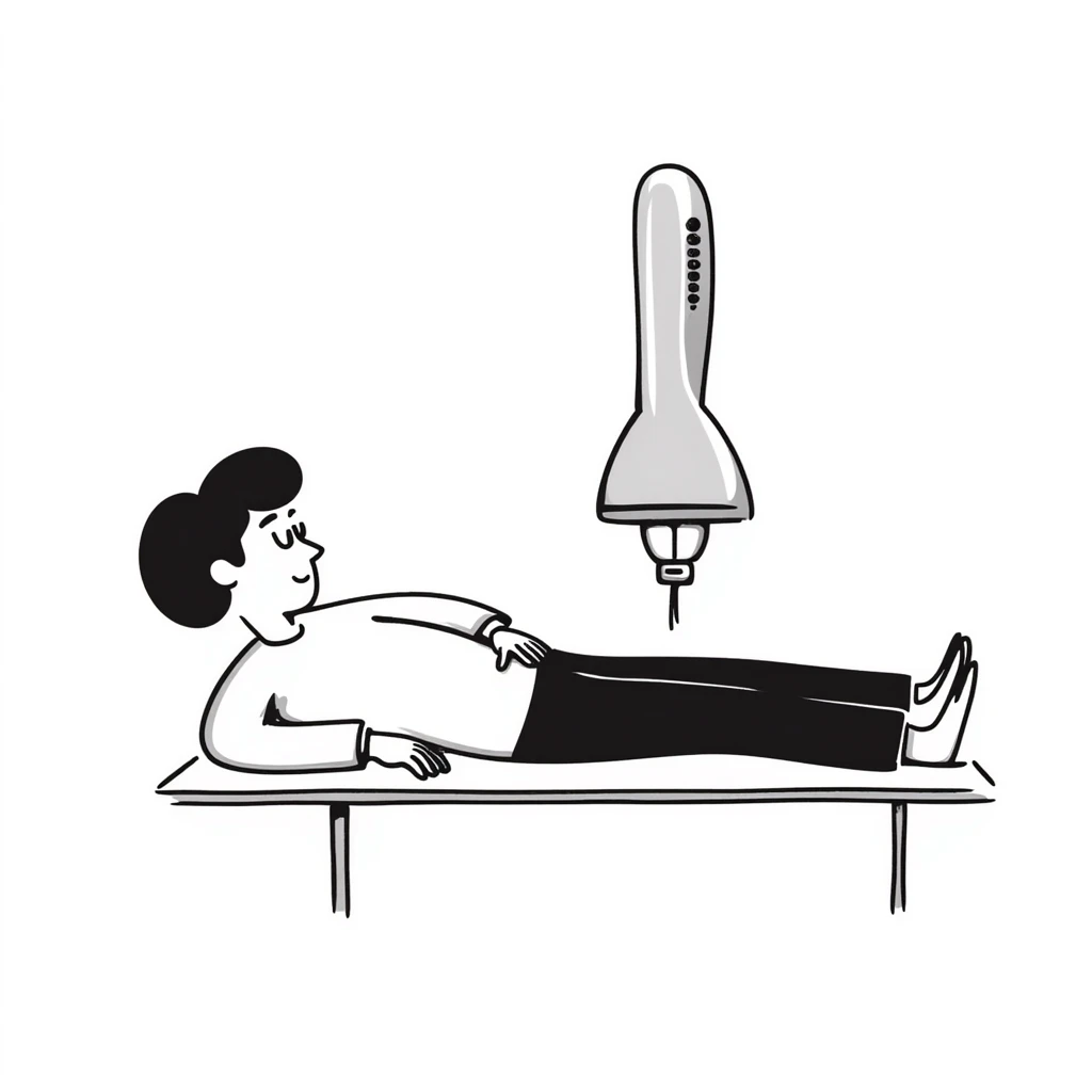 Detailed illustration of DEXA scan procedure with male patient lying on table, bone density measurement machine with scanning arm positioned over patient's body emoji