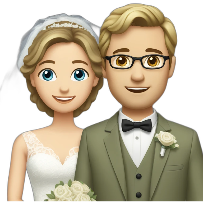Wedding couple. Bride has brown hair pinned up. She wears lace dress. She has blue eyes. Groom has olive green suit and brown vest. He has blond hair. He wears glasses. He has blue eyes too. emoji
