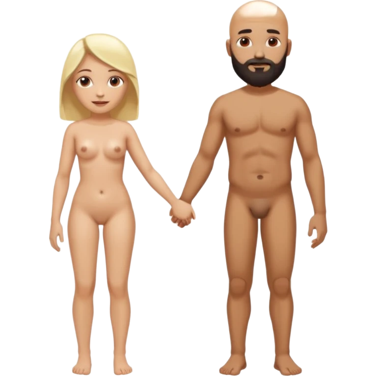 Fully Naked Indian bald man with a beard holding hands with naked blonde fit woman emoji
