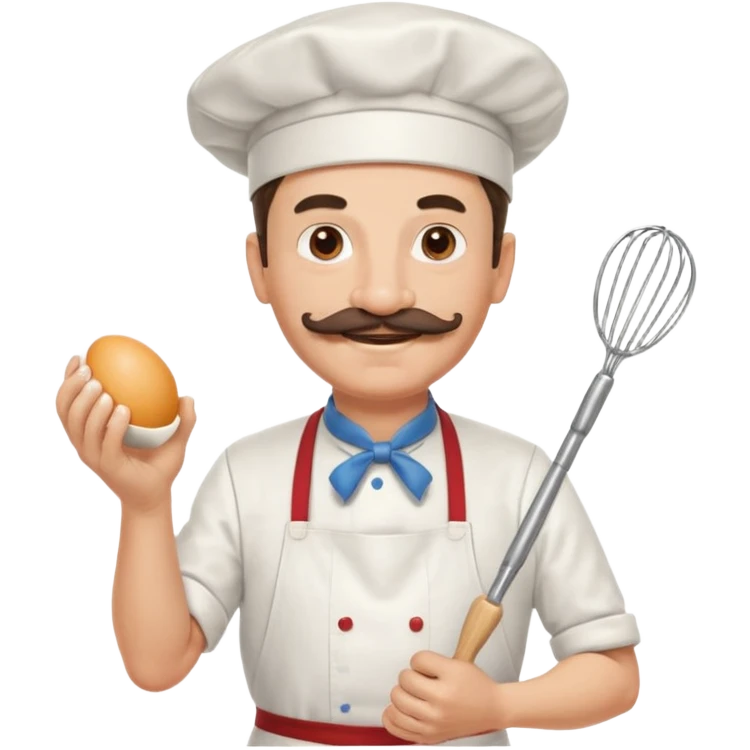 Middle aged male pastry chef - with a mustache, apron, white hat, and holding an egg beater in one hand emoji