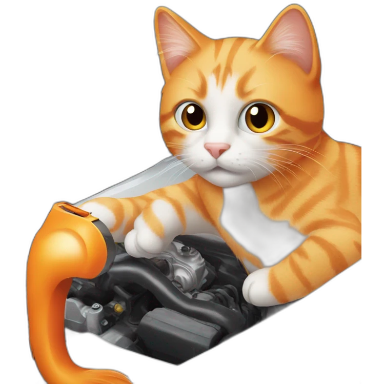 orange cat checking white car engine emoji