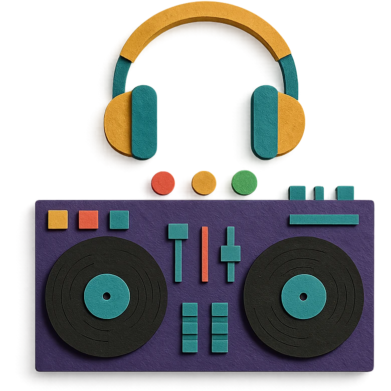 DJ booth with records, headphones, and lights, playful colors emoji