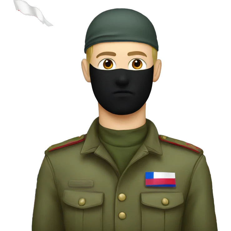russian soldier with annoyed face and balaclava standing next to russian flag waving emoji