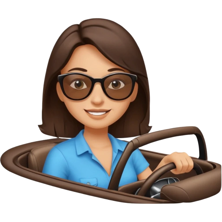 Brunette driving car like crazy. Happy face confidence  emoji