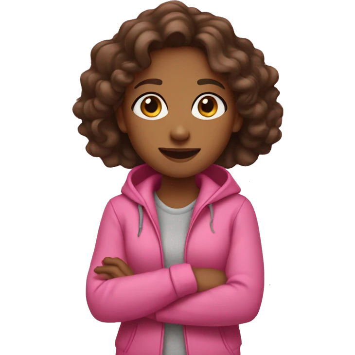 Brown girl in pink jacket hand heart emoji