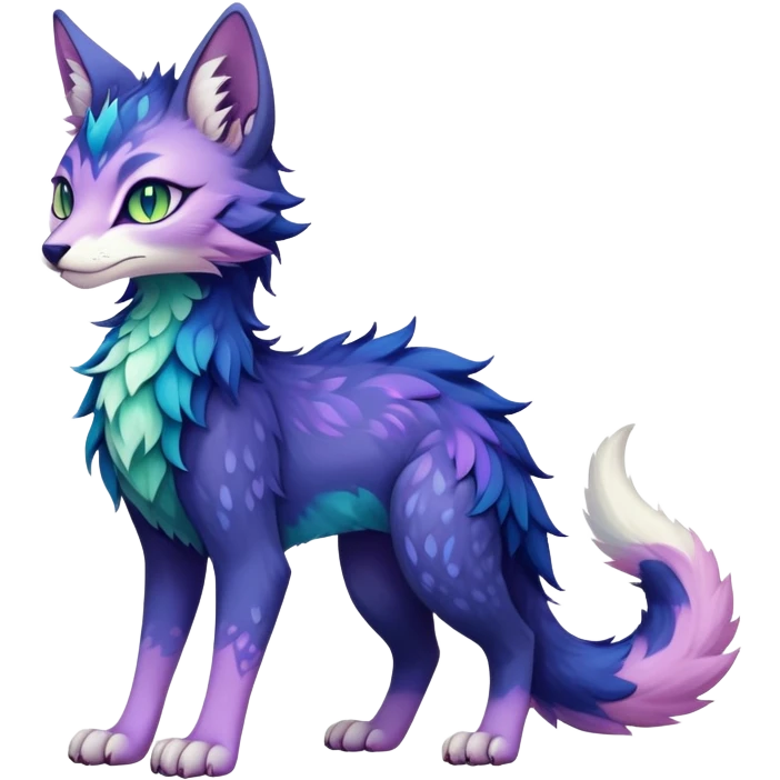 Kawaii dark blue indigo cyan purple violet pink beige white fantasy ethereal feline-vernid-sergal-fursona animal creature with a tufted tail full body with intricate markings, hazel-gold-green eyes emoji