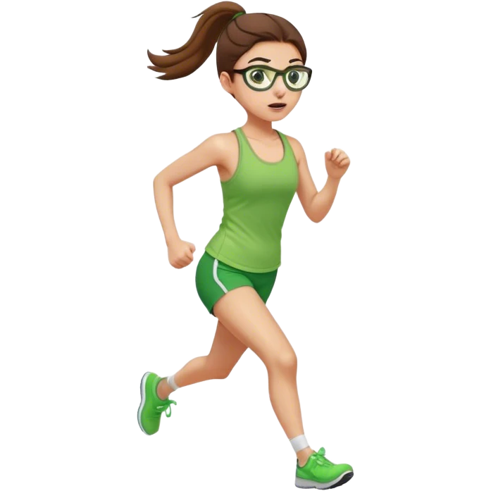 pretty girl white glasses brown hair in a ponytail green tank top running emoji