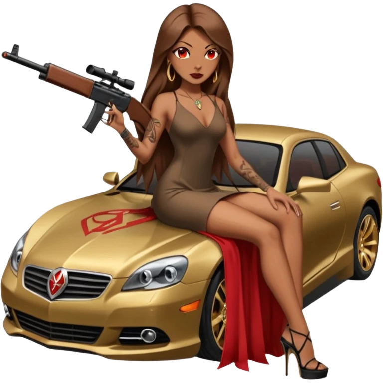 Lilith tan skinfemale red eyes symbol. Tattoo arms. Her hair is brown straight long hair.wearing sexy long sexy dress with slit. black stiletto thick platform high heels shoes on. Sitting on gold giant luxury car with cash inside . She is holding a sniper rifle in one hand cash in other hand emoji