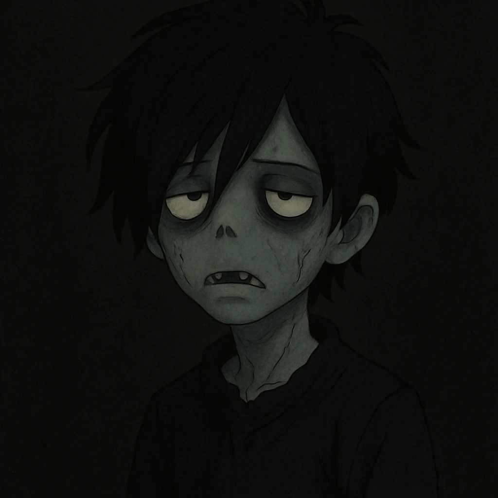 zombie boy with black emo hair on a black background, gothic art style emoji