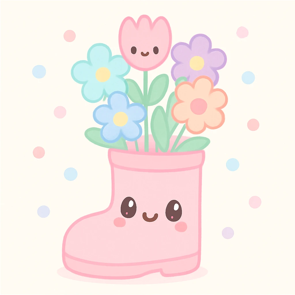a rain boot filled with blooming spring flowers, kawaii pastel illustration style, soft colors, cute face emoji