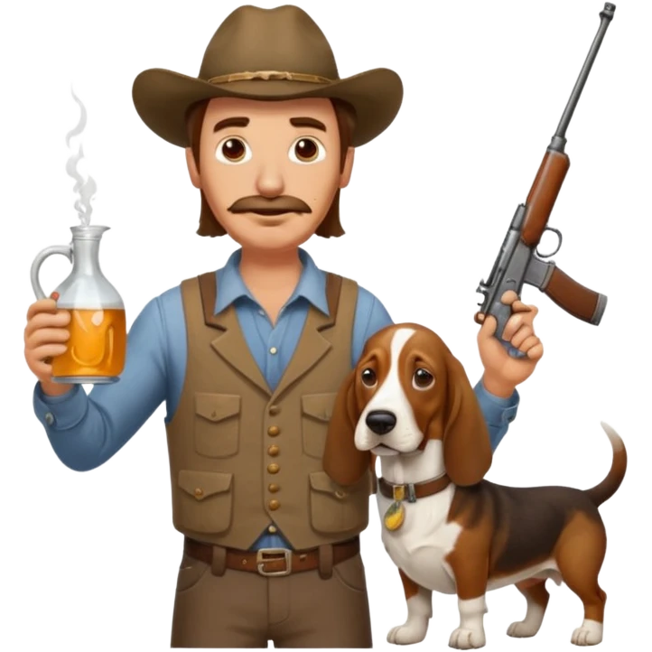 hillbilly basset hound head body of  man with moonshine and gun emoji emoji