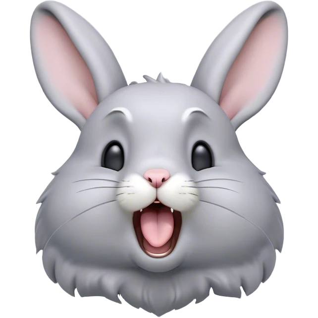 Cinematic Cute Yawning Grey Rabbit Portrait Emoji, Head tilted slightly with a dramatic, wide-open yawn, showcasing a smooth grey fur with a refined finish, floppy ears slightly drooping, round grey eyes barely open in drowsy contentment, Simplified yet irresistibly adorable features, highly detailed, glowing with a soft, cozy glow, high shine, relaxed yet expressive, stylized with a touch of whimsy, bright and endearing, soft glowing outline, capturing the essence of a sleepy yet affectionate bunny, so drowsy it feels like it could stretch out of the screen and curl up for a nap! emoji