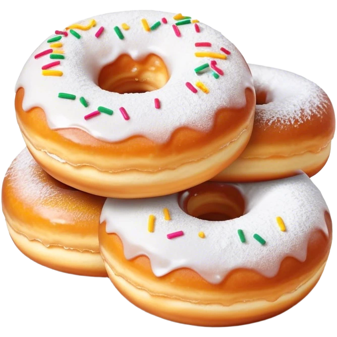 Cinematic fluffy donuts, perfectly golden and dusted with powdered sugar, vibrant icing with sprinkles, stacked in a playful arrangement, soft glowing highlights, warm and inviting. emoji
