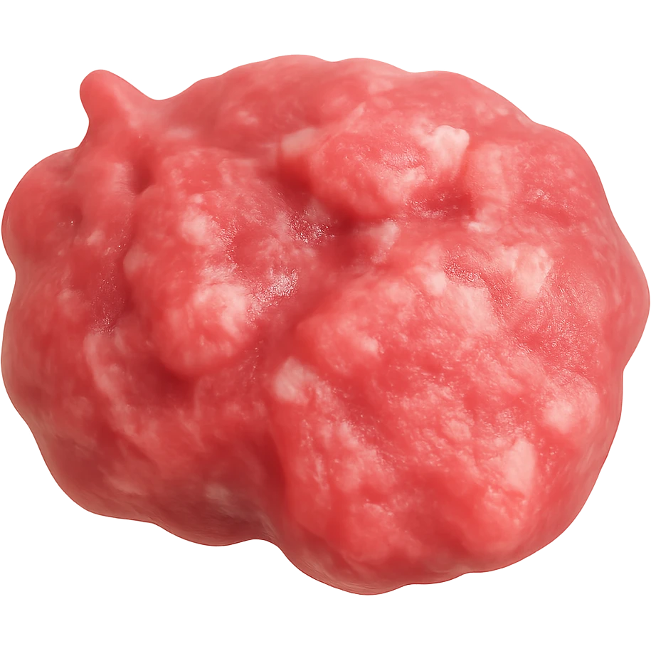 Create a realistic 3D rendering of raw sausage meat in the style of an Apple emoji. The sausage should be pinkish-red with white fat flecks, moist and rustic in appearance, with soft lighting. The image should have no background and be suitable for emoji scale. emoji
