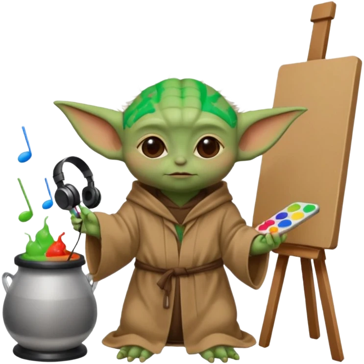 Baby Yoda in his brown robe listening music on his headphones, painting a picture on an easel and surrounded by paint pots. emoji