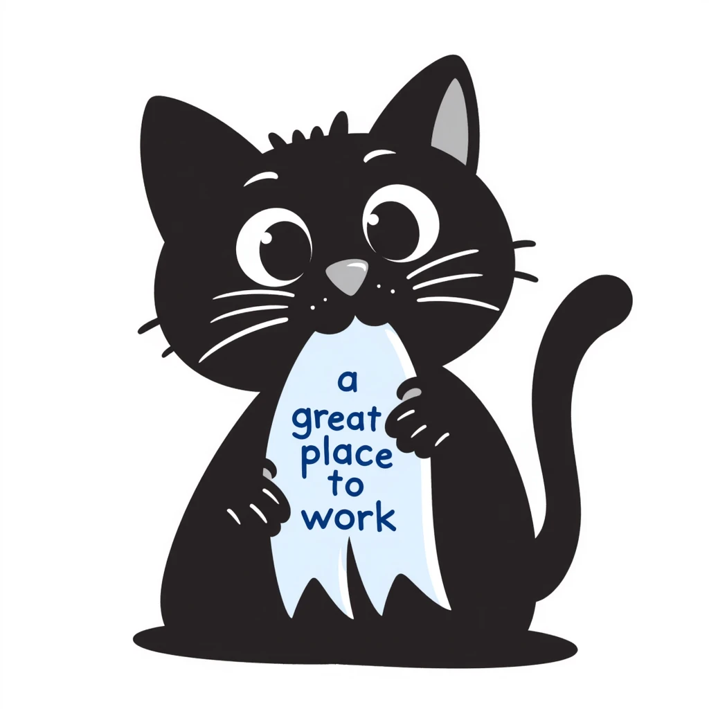 cat holding a ribbon with the text 'a great place to work' written in blue in notion style hand drawn doodle emoji