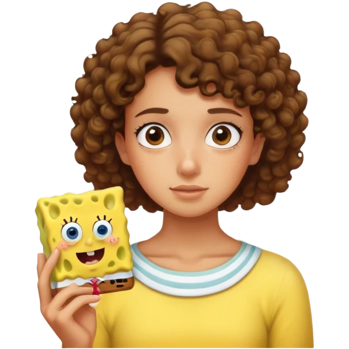 A girl with short curly hair watching SpongeBob  emoji