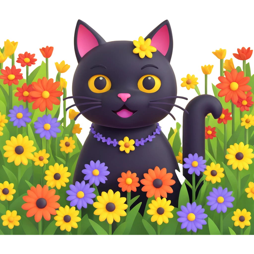 A black cat with a flower on its head in a field of flowers, vibrant colors emoji