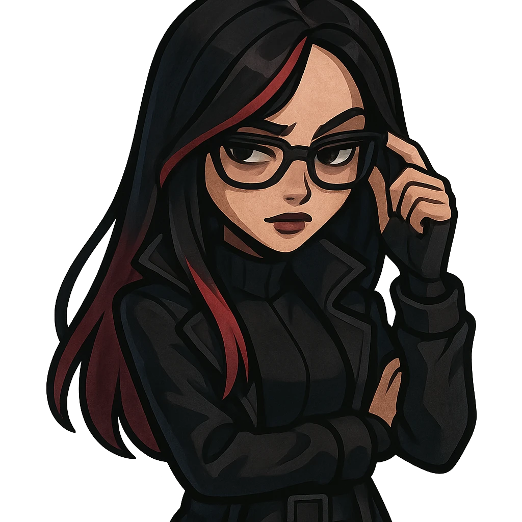 female character with black and red hair, glasses, and a mysterious vibe, inspired by Undercover Kor from Fortnite, in Jiiby-Style emoji